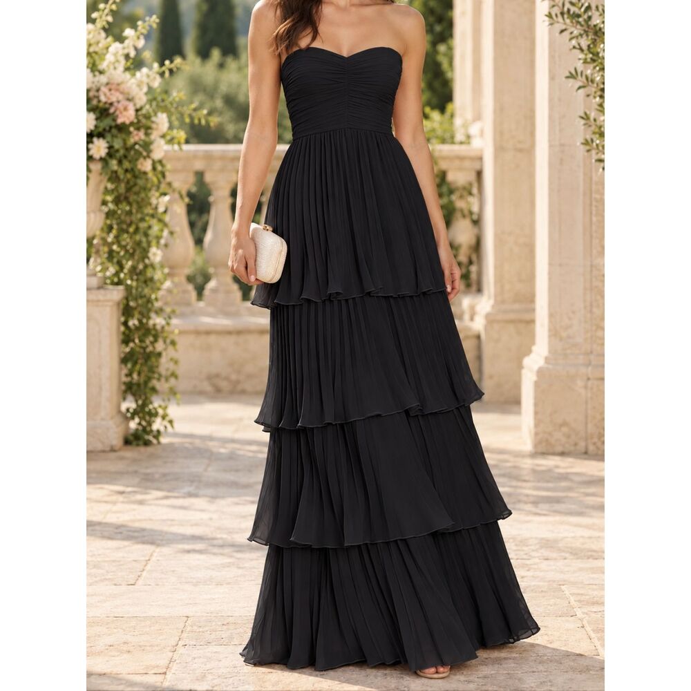 Lulus Seriously Sensational Black Strapless Tiered Maxi Dress M Romantic Formal